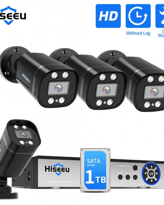 Hiseeu 4CH 5MP AHD CCTV System Wired AHD Camera DVR Kits IR Night Vision Motion Detection IP66 Waterproof Audio Recording Remote APP Viewing Support ONVIF Outdoor Security House Surveillance Cameras