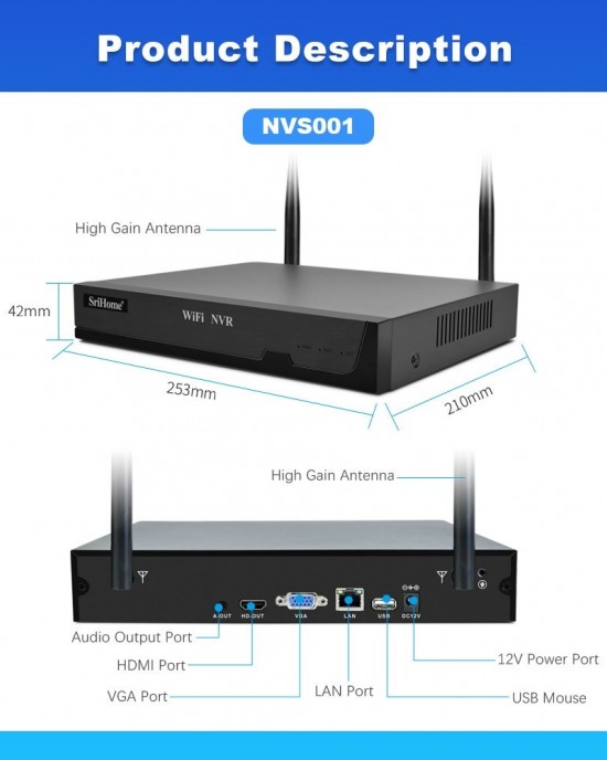 SriHome NVS001E  IPC047 Ultra HD 4 Channel WiFi Network Video Recorder Set  EU Plug