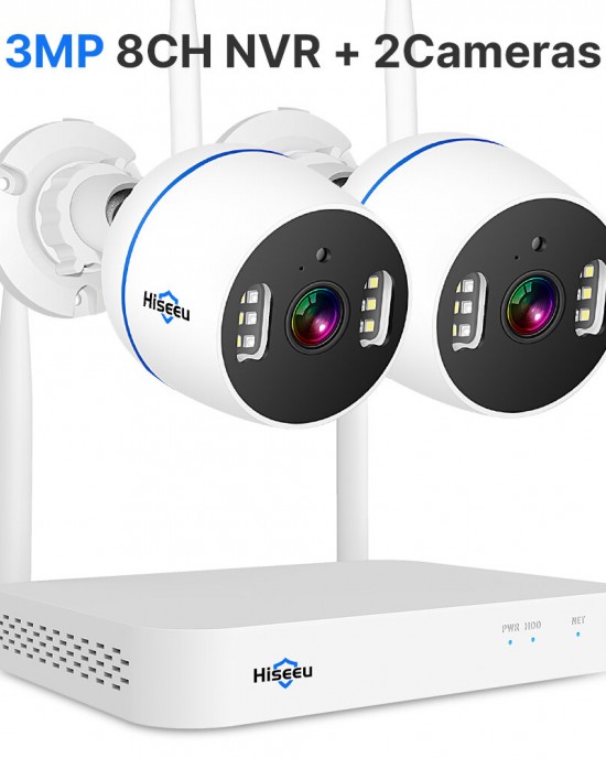 Hiseeu 3MP 8CH NVR   2 WIFI Security PTZ Camera Kit Human Detection IR Night Vision IP Camera Set Wireless CCTV Surveillance System